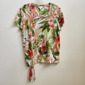 J Jill Top Womens PSmall Green White Floral Love Linen Blouse Short Sleeve Tie